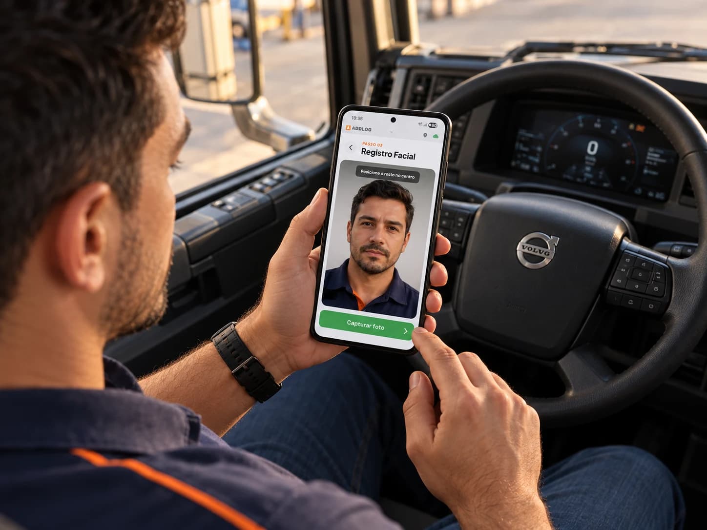 Motorista com o celular exibindo o registro facial no app ADDLOG