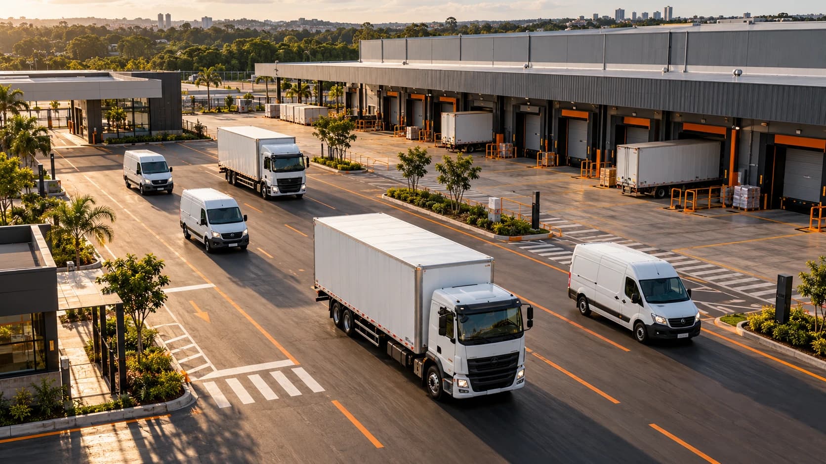 Ilustração fotográfica de vans e caminhões em um centro de distribuição