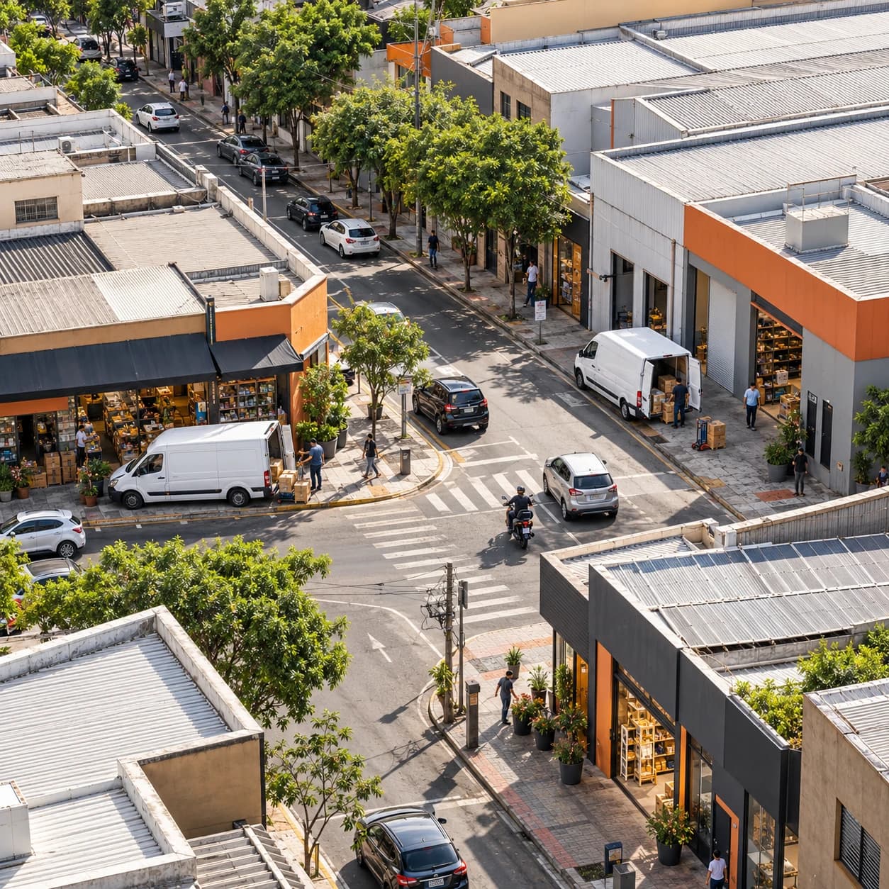 Vista aérea de veículos de entrega atendendo diferentes pontos de um bairro comercial