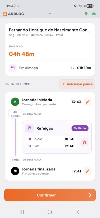 Linha do tempo da jornada do motorista no app ADDLOG