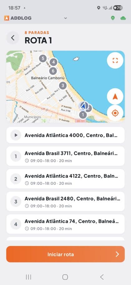 Visão de rota e paradas no app ADDLOG, integrado ao acompanhamento da operação
