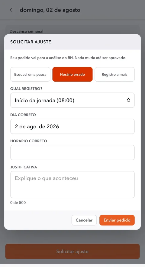 Pedido de ajuste de horário com justificativa, sujeito à aprovação do RH